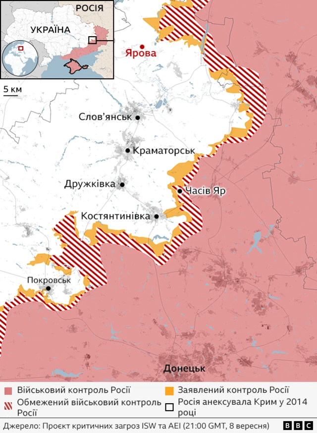 Мапа Донбасу, на якій зображені окуповані території. Червоним виділене селище Ярова