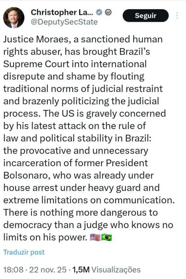 Postagem de Christopher Landau, subsecretário de Estado dos EUA