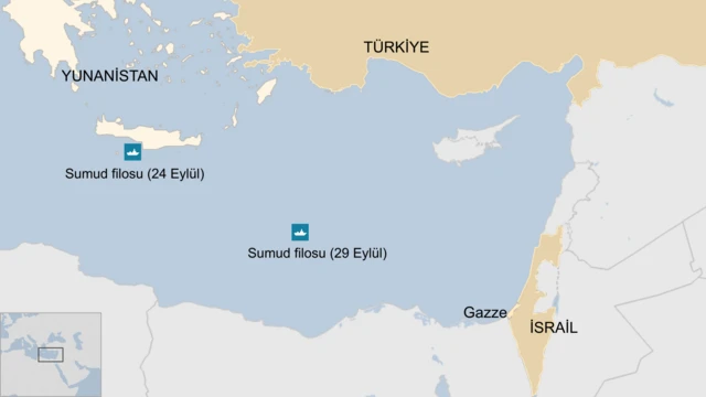 Sumud filosunun 24 ve 29 Eylül tarihlerindeki konumlarını ve Gazze'ye yaklaşmasını gösteren bir harita