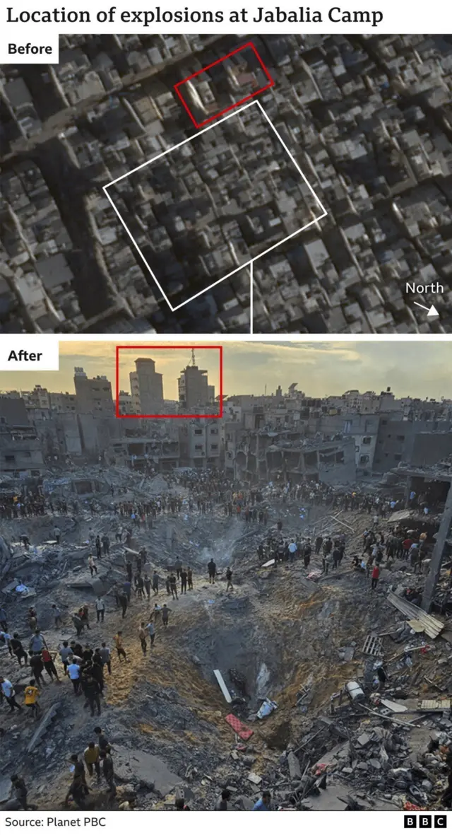 صورة بالقمر الصناعي لموقع بنايتين عاليتين وصور تظهر الدمار بعض قصف 31 أكتوبر