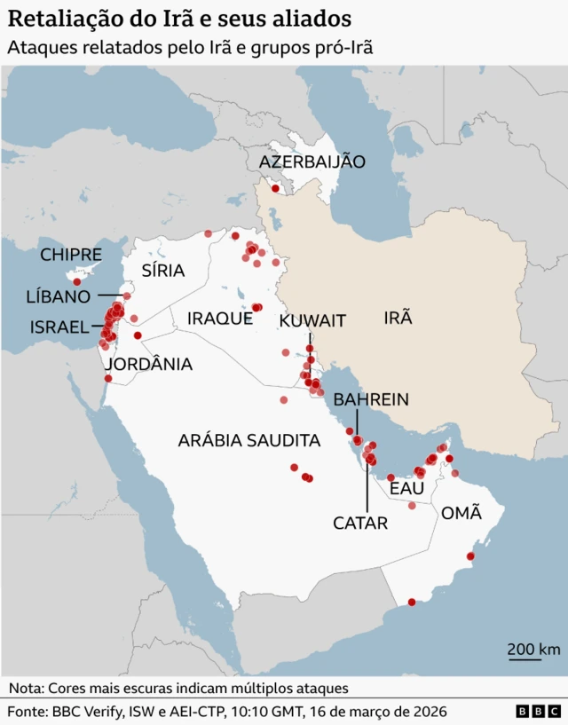 Gráfico da BBC mostra os ataques relatados na Península Arábica pelo Irã e por grupos pró-Irã. Os países vizinhos aparecem em cinza.
