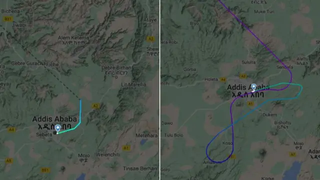 Kallattii ET343 buufata xiyyaaraa Boolee qubachuuf deeme (bitaa) fi gaafa Wiixataa (mirga) yeroo imaletti mul’atu