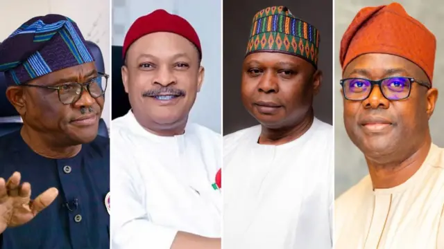 A collage of images of Nyesom Wike, Samuel Anyanwu, Kabiru Turaki and Seyi Makinde
