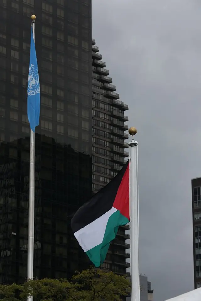 العلم الفلسطيني يرفرف لأول مرة في مقر الأمم المتحدة في 30 سبتمبر/أيلول 2015 في نيويورك بالولايات المتحدة الأمريكية. 