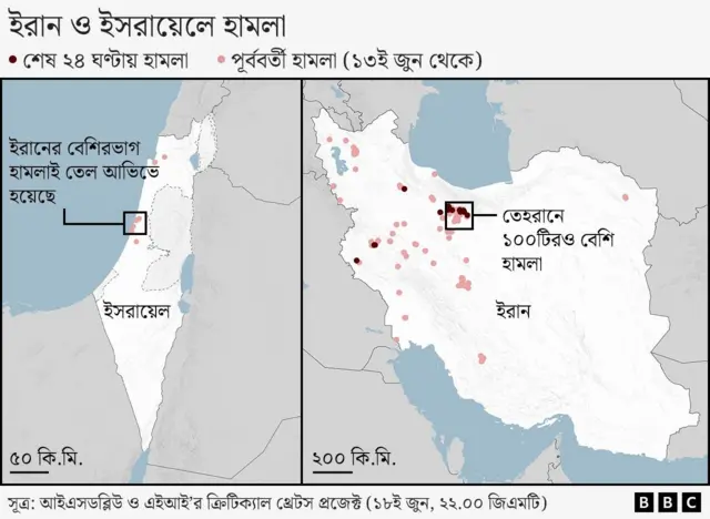 ইসরায়েল ও ইরানে হামলায় ক্ষতিগ্রস্ত স্থানগুলো দেখানো হয়েছে মানচিত্রে