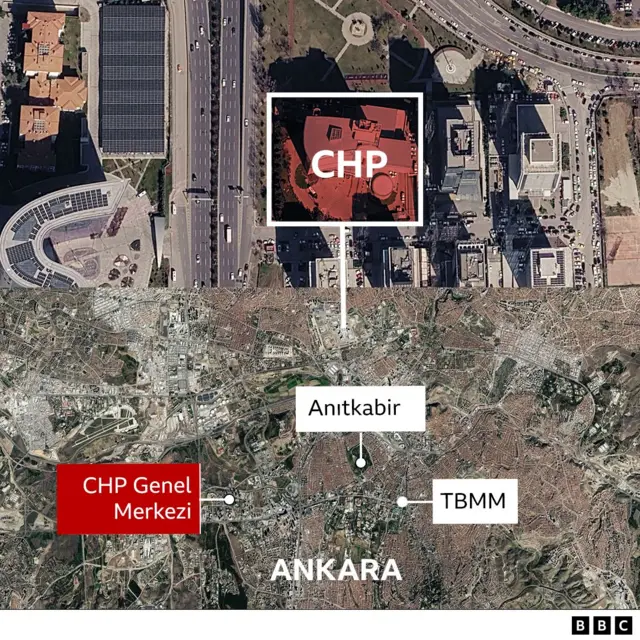 Ankara'da CHP Genel Merkezi'nin konumunu gösteren harita.