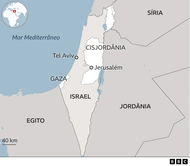 Mapa mostra Israel, Cisjordânia, Gaza, Egito, Jordânia e Síria