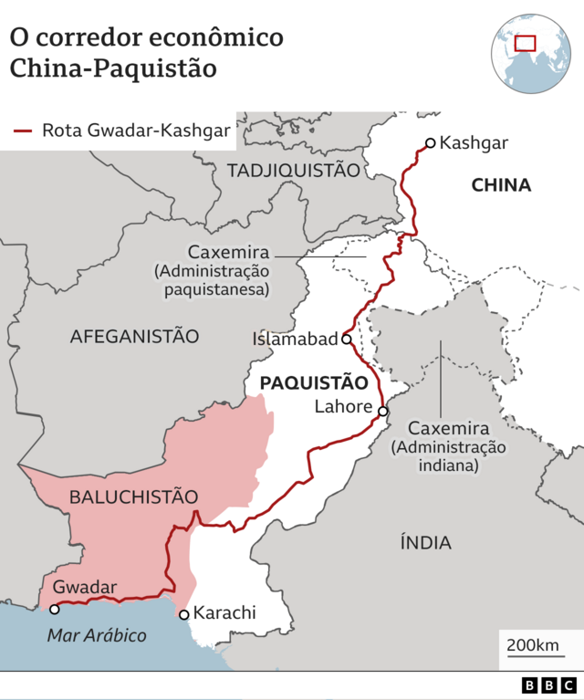 Mapa mostra 'Corredor econômico' China-Paquistão