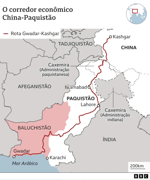 Mapa mostra 'Corredor econômico' China-Paquistão