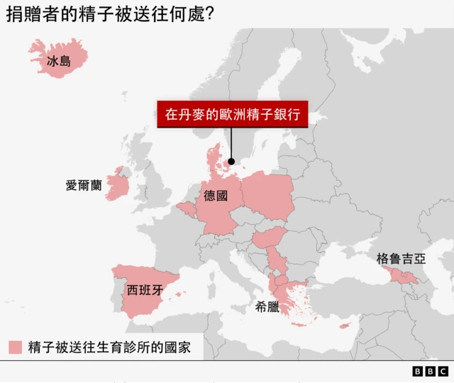 BBC制图显示捐赠者的精子被送往哪一些国家。