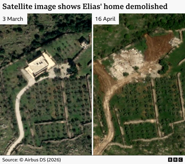 A before and after satellite image showing the Elias' home. An image on the left shows the house and its olive groves on 3 March, and an image on the right taken on 16 April shows the house demolished and parts of its olive grove destroyed.