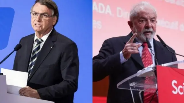 Colagem com fotos de Bolsonaro e Lula discursando