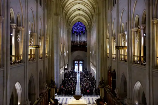 General view of the nave during the inaugural Mass, with the consecration of the high altar, at the Notre-Dame