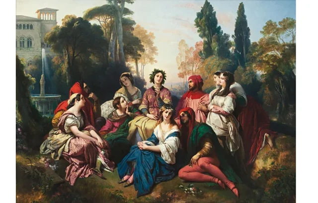 Le tableau de Franz Winterhalter de 1837, Le Décaméron, montre les 10 aristocrates se racontant leurs histoires coquines.