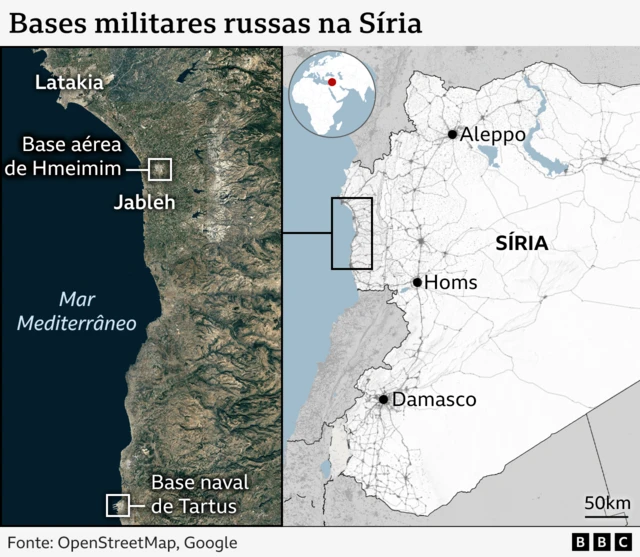 Mapa mostrando bases russas