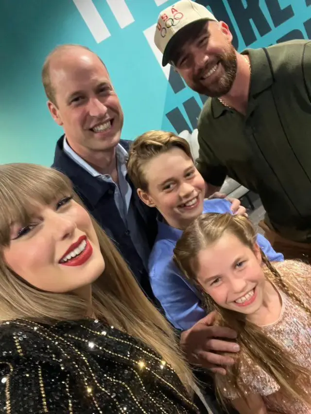 A picture of Taylor Swift, her boyfriend Travis Kelce, Prince William, Prince George and Princess Charlotte