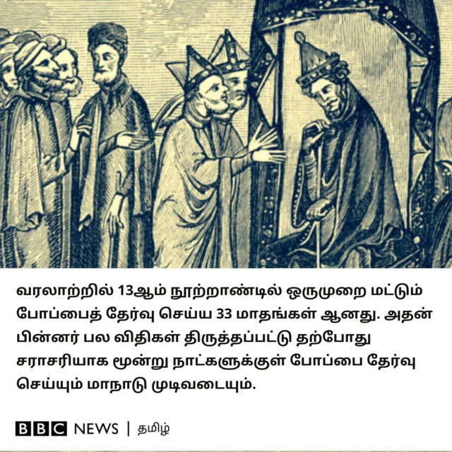 வரலாற்றில் 13ஆம் நூற்றாண்டில் ஒருமுறை மட்டும் போப்பைத் தேர்வு செய்ய 33 மாதங்கள் ஆனது. அதன் பின்னர் பல விதிகள் திருத்தப்பட்டு தற்போது சராசரியாக மூன்று நாட்களுக்குள் போப்பை தேர்வு செய்யும் மாநாடு முடிவடையும். 