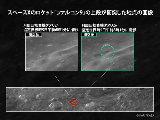 スペースXのロケットが衝突する前後の月面画像が並んでいる。衝突の痕跡に緑色の丸がついている