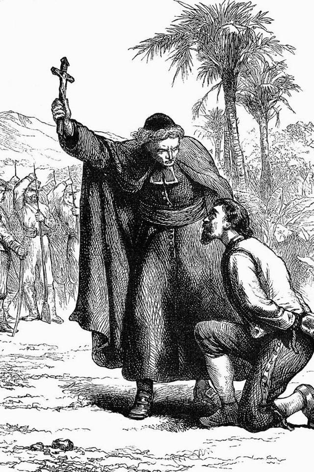 La ilustración muestra a un sacerdote bendiciendo a Walker antes de su ejecución en 1860 en Honduras.
