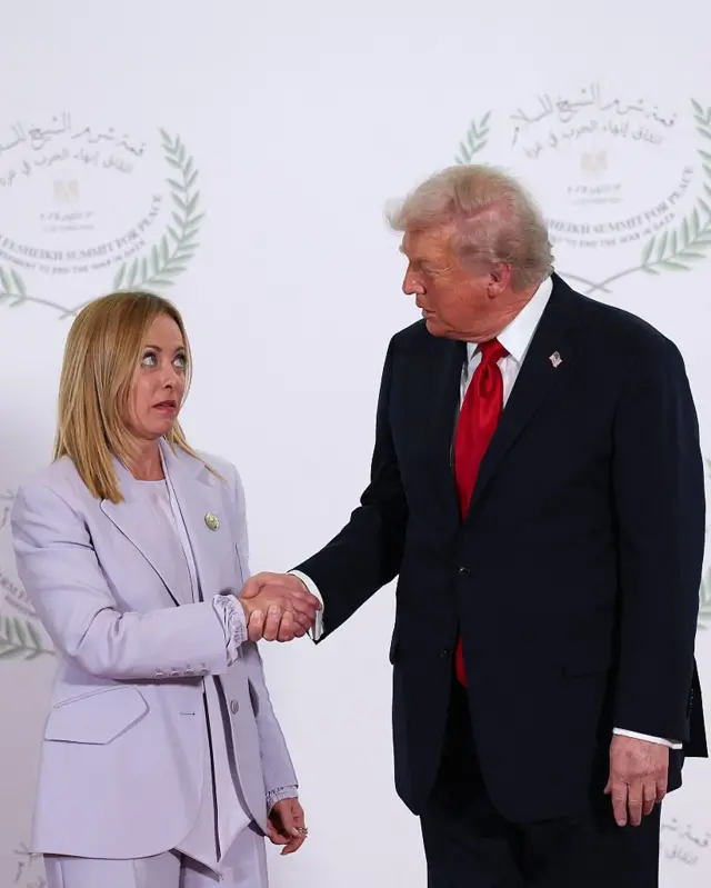 Мелоні і Трамп стоять один навпроти одного під час офіційної події та тиснуть руки. Мелоні дивиться з-під лоба на Трампа, у подиві здіймаючи брови; Трамп схиляє голову до неї сконцентровано мружачи очі.