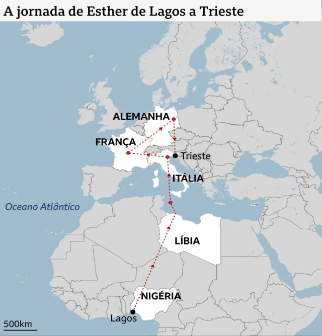 Mapa mostra a jornada de Esther da Nigéria à Líbia, Itália, França, Alemanha e retorno à Itália