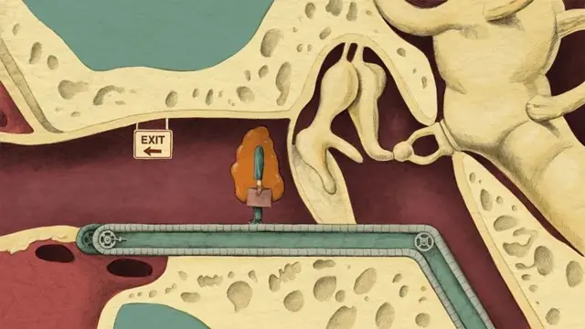 Desenho de um pedaço de cera perto dentro de uma estrutura e ao lado de uma placa que está escrito "saída".
