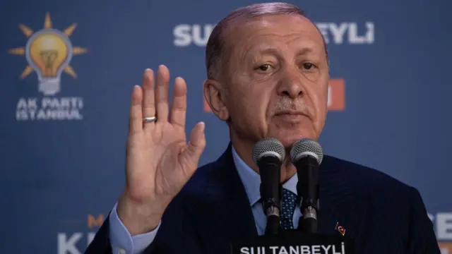 ISTANBUL, TURKEY - MARCH 29: Turkey's President Recep Tayyip Erdogan speaks to supporters at his party’s Istanbul mayoral candidate Murat Kurum's campaign rally on March 29, 2024 in Istanbul,