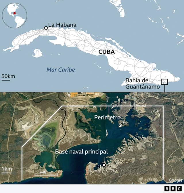 Mapa de la localización de la base militar estadounidense de Guantánamo en la isla de Cuba.