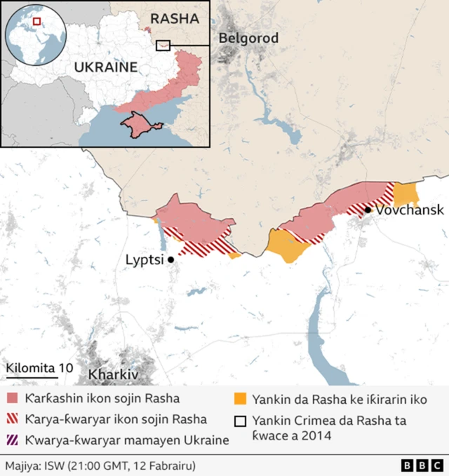 Taswirar yankunan da Rasha da kuma yankunan da Ukraine ke iko da su a arewacin Ukraine