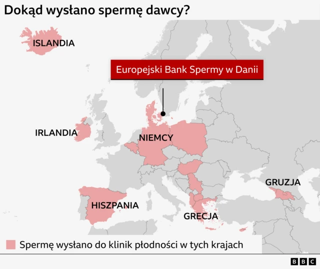 Na mapie Europy zaznaczono kraje, gdzie kliniki leczenia niepłodności używały nasienia dawcy. Kraje te to Dania, Belgia, Hiszpania, Islandia, Niemcy, Grecja, Cypr, Macedonia Północną, Gruzja, Węgry, Irlandia, Polska, Albania i Serbia. Czerwona etykieta z napisem „Europejski Bank Nasienia w Danii” wskazuje jego lokalizację w Kopenhadze.
