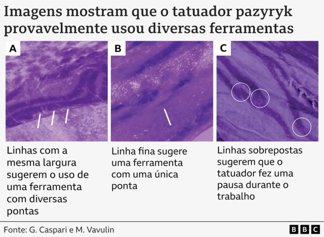 Três imagens de alta resolução do corpo da mulher, com tons de púrpura. Elas mostram partes da pele e da tatuagem da mulher, com linhas através da pele que formam a tatuagem. Existem marcas diferentes feitas por diversas ferramentas.