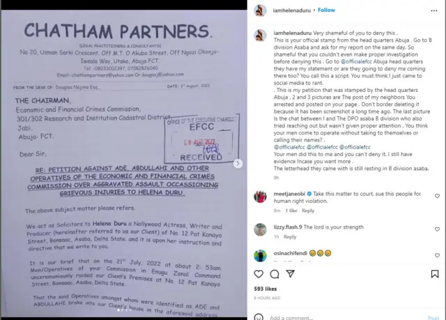 'Helen Duru lie' EFCC deny attacking Nigerian actress for Enugu - Check wetin dey happun: Foto of di copy of petition wey Duru post to confm say na EFCC officers attack her