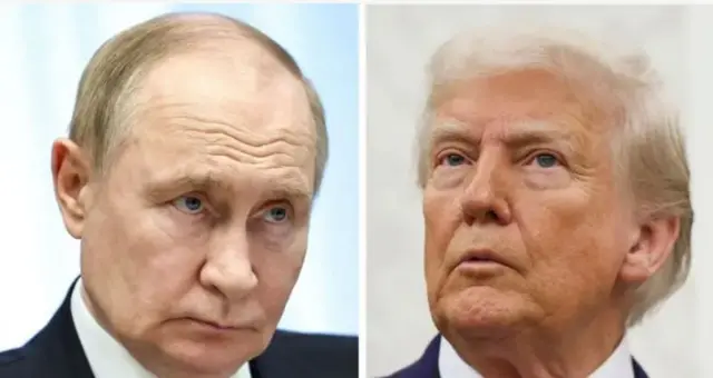 Путін у темному костюмі серйозно дивиться і Трамп у діловому костюмі теж серйозний 