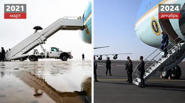 Коллаж из двух фотографий Джо Байдена и его президентского самолета. Слева фото от марта 2021 года с длинным трапом, справа фото от декабря 2024 года с коротким трапом.