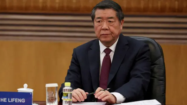 FILE PHOTO: Chinese Vice Premier He Lifeng attends a meeting with global business leaders at the Great Hall of the People in Beijing, China, March 28, 2025.
