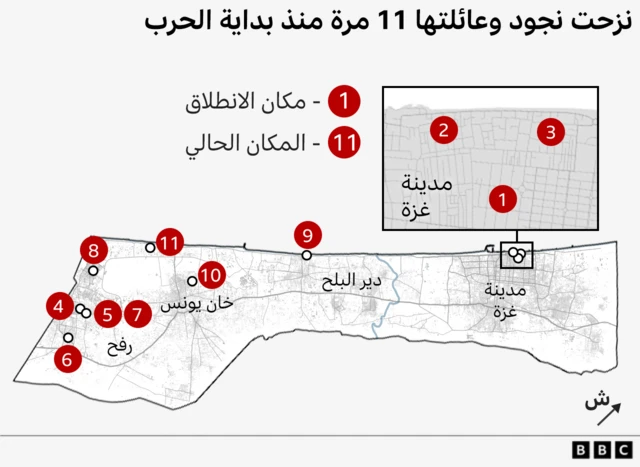 خريطة تظهر مواقع تنقل نجود وعائلتها 11 مرة منذ بداية الحرب