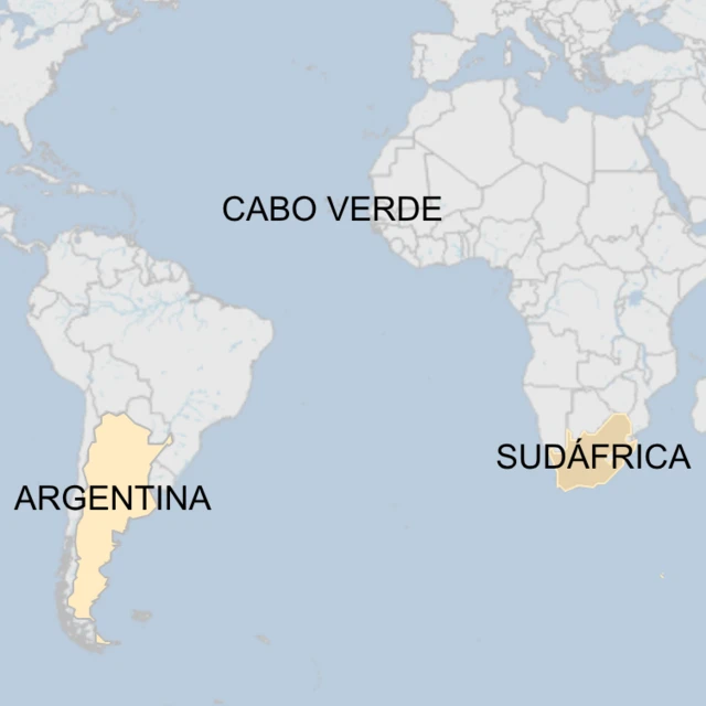 Un mapa de la BBC en el que se muestran la ubicación de Argentina, Cabo Verde y Sudáfrica