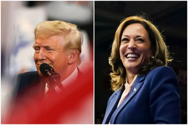 Do lado esquerdo, Trump, com um microfone na frente da boca. Do lado direito, Kamala. Ambos estão sorrindo. 