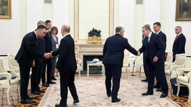 Владимир Путин и Виктор Орбан ходят по ковру у камина спиной друг к другу и последовательно пожимают руки членам делегаций. Орбан жмет руку помощнику российского президента Юрию Ушакову