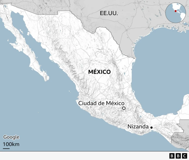 Un mapa que muestra la ubicación de Nizanda en el sur de México.