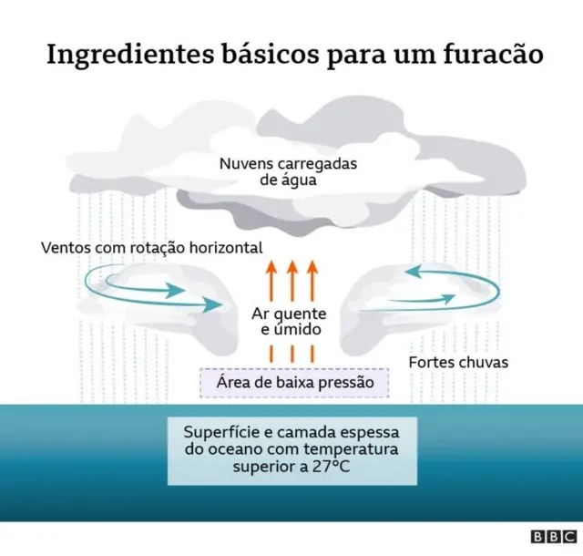 Gráfico da BBC que descreve os ingredientes básicos de um furacão, compreendendo uma superfície oceânica e massa de água com temperaturas superiores a 27°C, uma zona de baixa pressão acima com ventos girando horizontalmente e ar quente e úmido subindo para formar nuvens de chuva