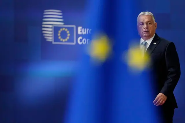 Орбан йде на тлі стіни Європейської ради, "зникає" за прапором ЄС на передньому плані