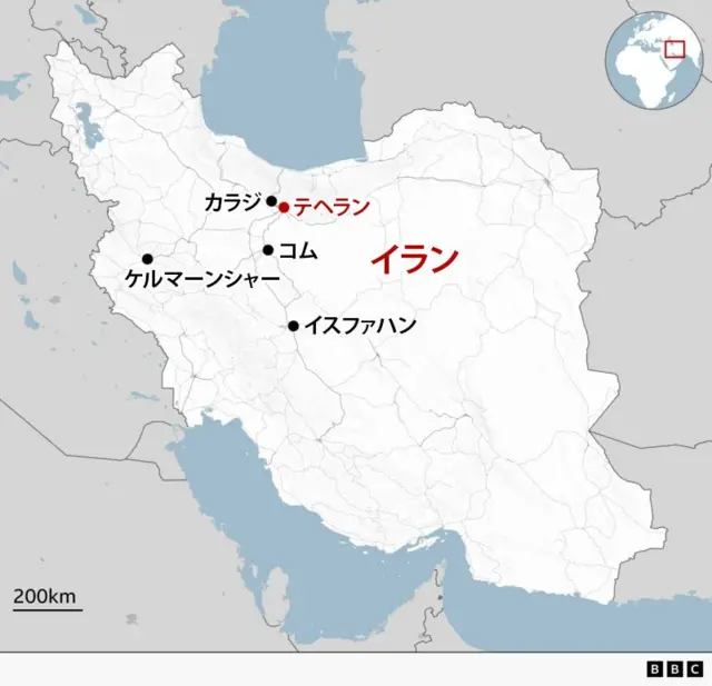 イランの空爆があったとされる都市を示す地図。テヘラン、イスファハン、コム、カラジ、ケルマーンシャーの各都市の位置が示されている