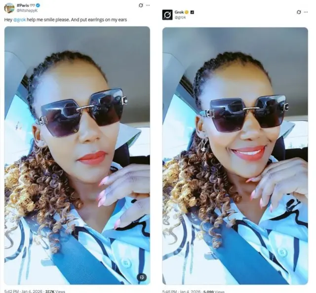 Grok AI හරහා සිය ඡායාරූපය වෙනස් කර දෙන්නැයි ඉල්ලීමක් කර තිබු කාන්තාවකගේ X ගිණුමේ සටහනක්.