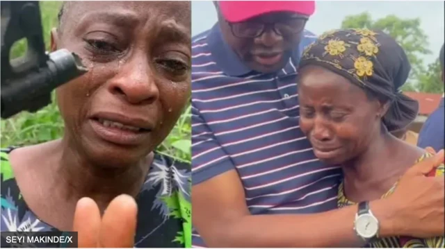 Arabinrin Alamu n sunkun ninu aworan to wa ni apa osi, gomina Seyi Makinde dimọ obinrin kan ni apa ọtun