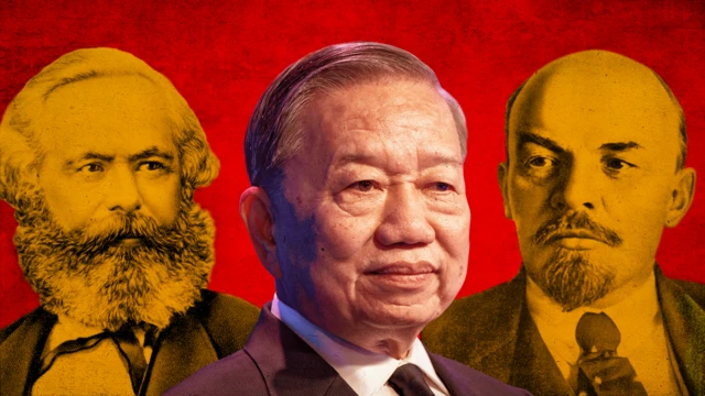  ông Tô Lâm (giữa), phía sau là 2 ông Karl Marx và Lenin 