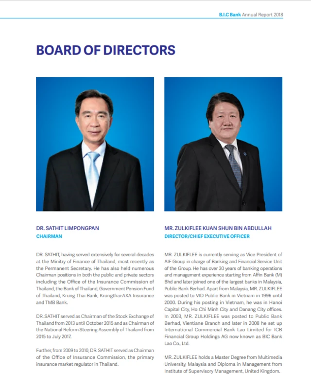 (คนซ้ายมือ) นายสถิตย์ ลิ่มพงศ์พันธุ์ เป็นประธานบริษัทธนาคารบีไอซี (กัมพูชา) จากรายงานประจำปีของธนาคารฯ ในปี 2561