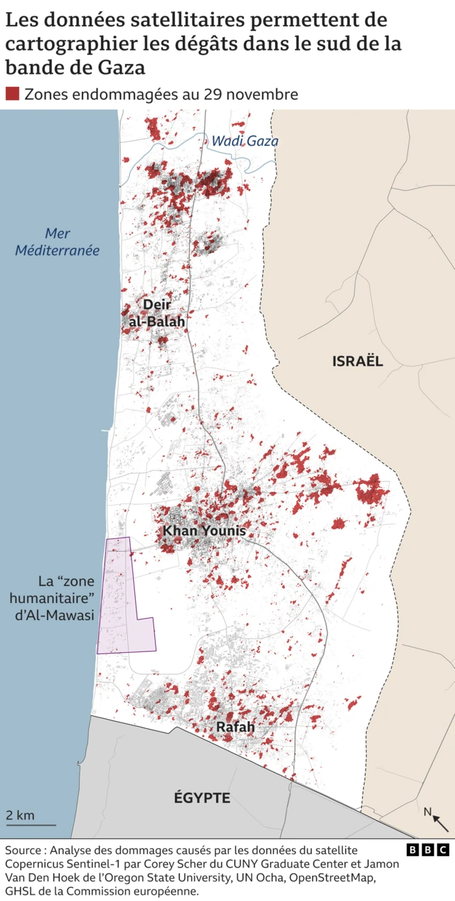 La carte montre les dégâts dans le sud de la bande de Gaza jusqu'au 29 novembre grâce à une analyse satellitaire