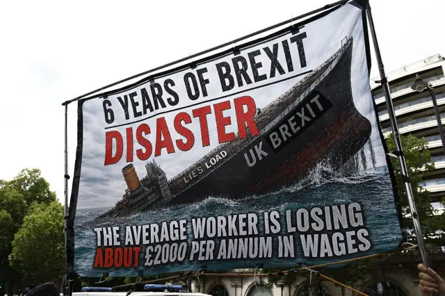 Un cartel con una imagen de un barco hundiéndose en el que está escrito Reino Unido Brexit.