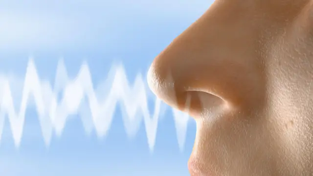 Nariz en primer plano de perfil, con una onda blanca sobre un fondo celeste